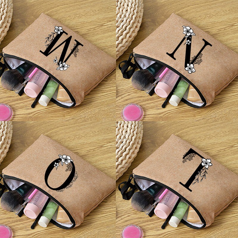 Bolsa de cosméticos de lino con estampado de letras para mujer