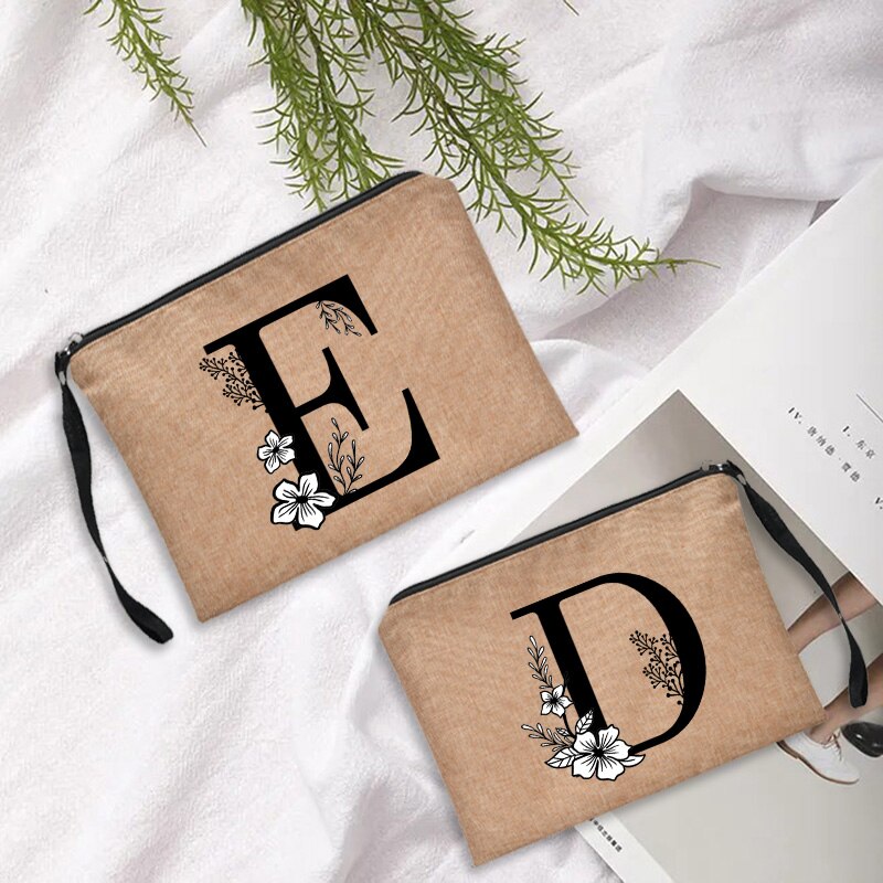 Bolsa de cosméticos de lino con estampado de letras para mujer