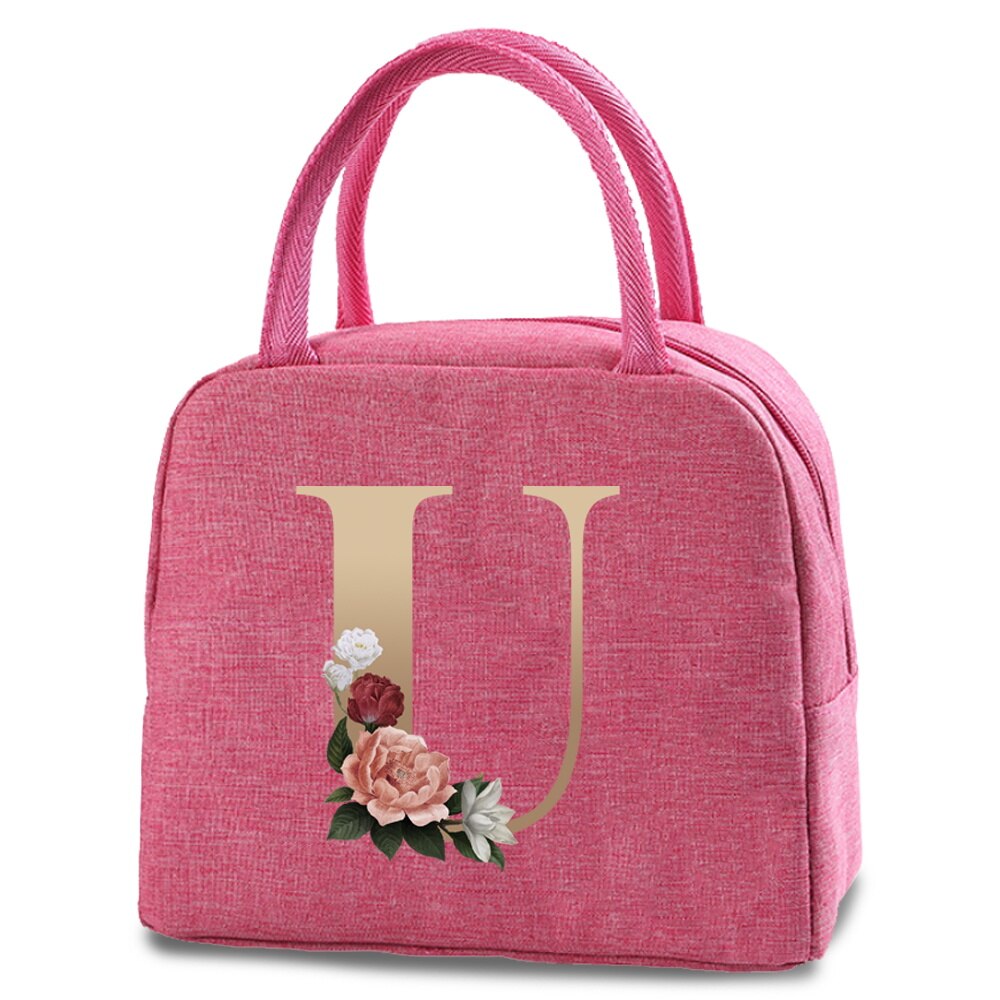 Bolso portátil con estampado de letras e iniciales doradas, ideal para guardar comida