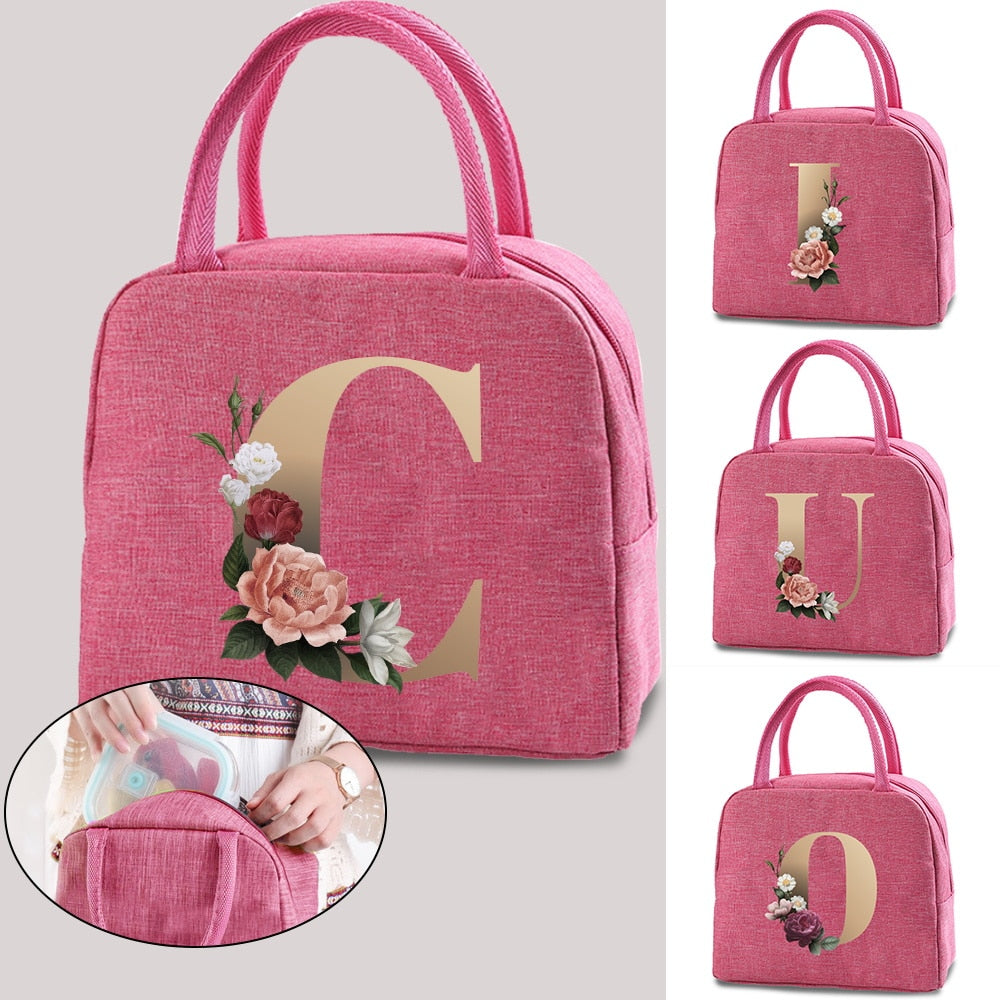 Bolso portátil con estampado de letras e iniciales doradas, ideal para guardar comida