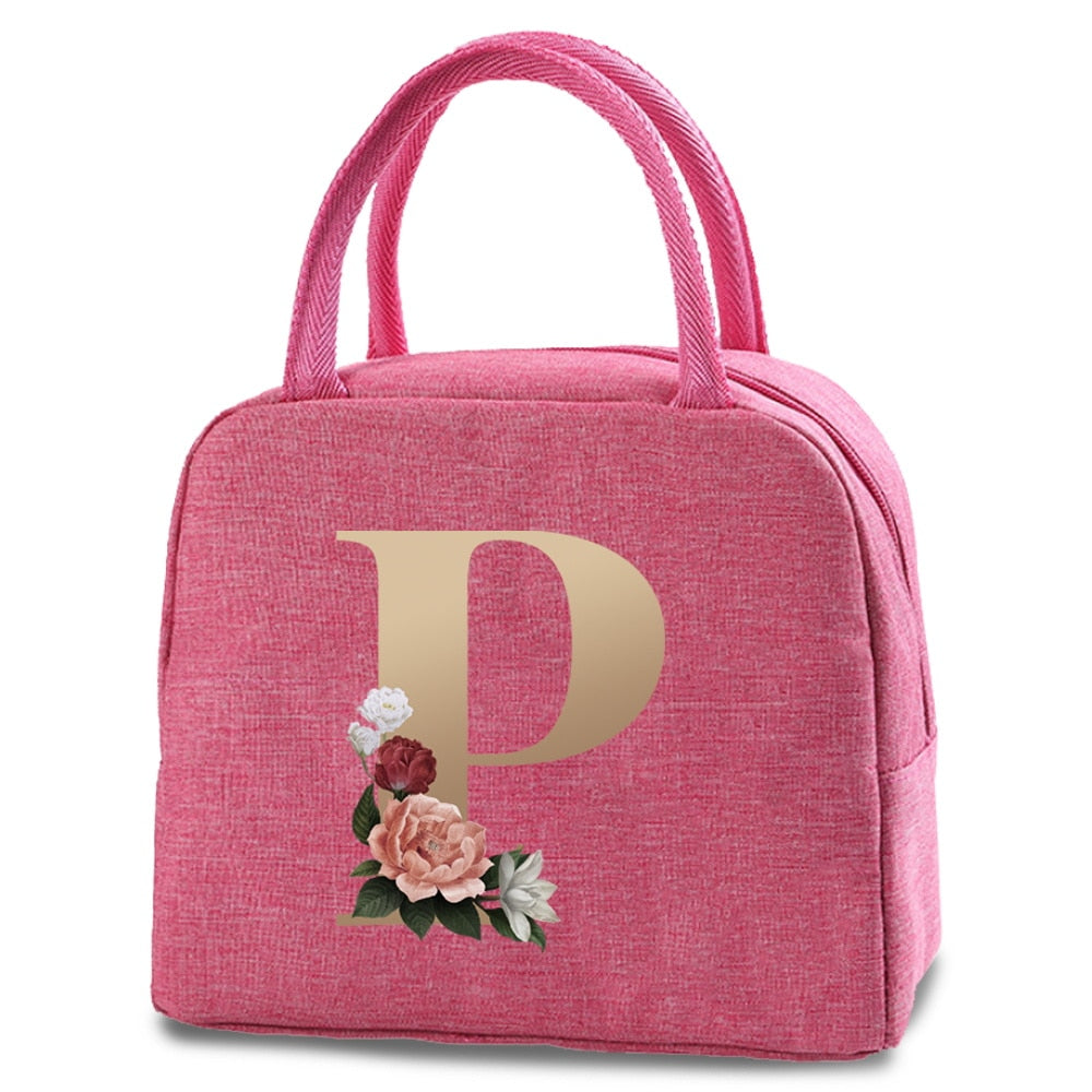 Bolso portátil con estampado de letras e iniciales doradas, ideal para guardar comida